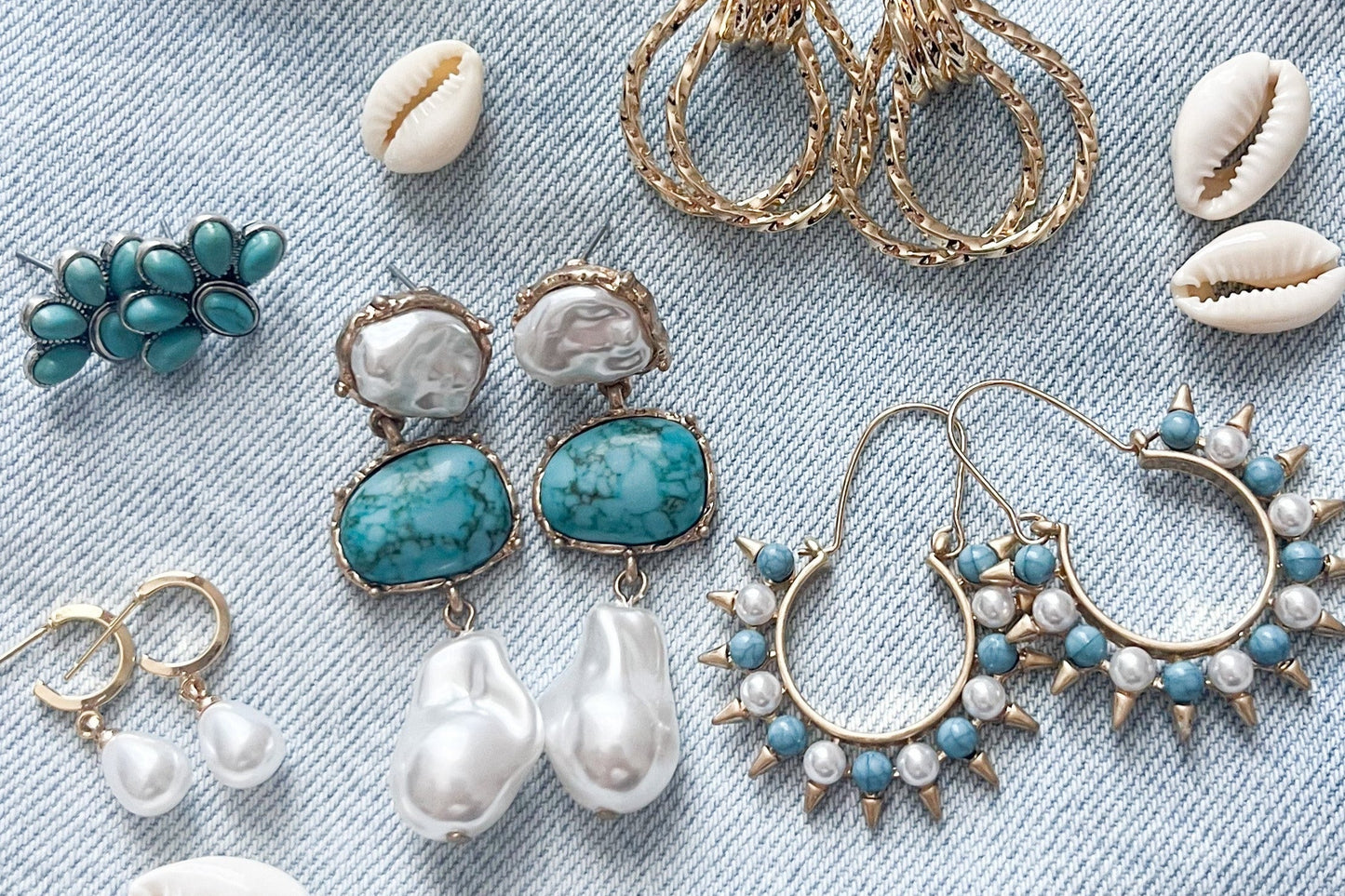 Turquoise Sunbeam Gold and Pearl Earrings