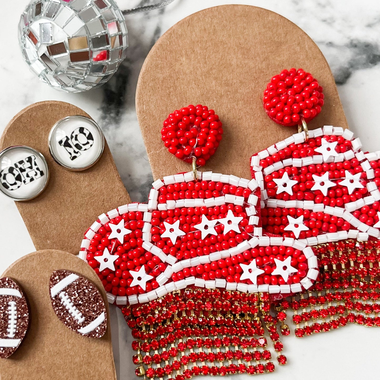 Red Rhinestone Cowgirl Hat Seed Bead Earrings
