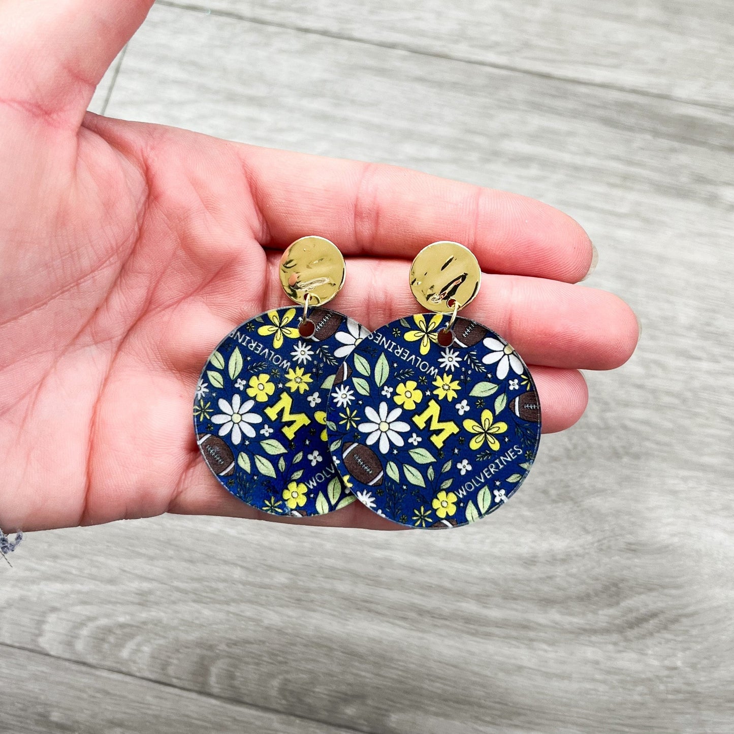 Blue Michigan Floral Football Earrings