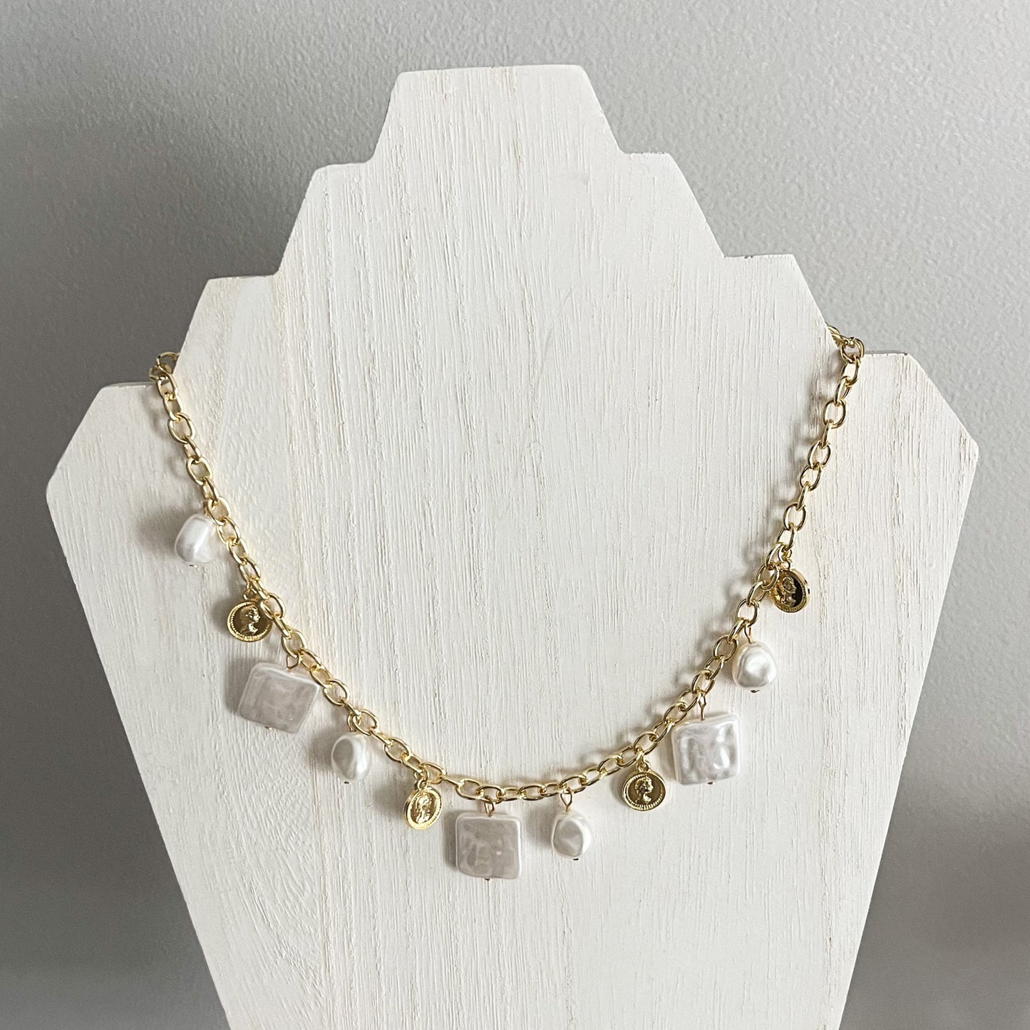 Cali Coast Gold and Pearl Charm Necklace
