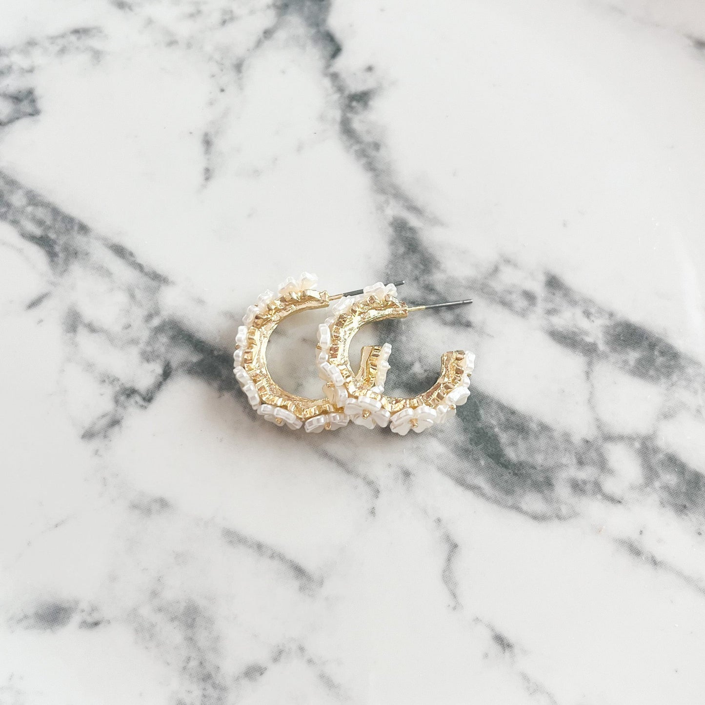 White Flower Mini Hoop Earrings