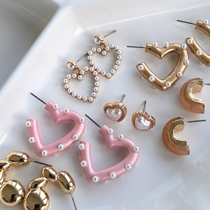 Lovely Pink Pearl Heart Hoop Earrings