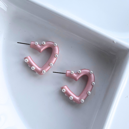 Lovely Pink Pearl Heart Hoop Earrings