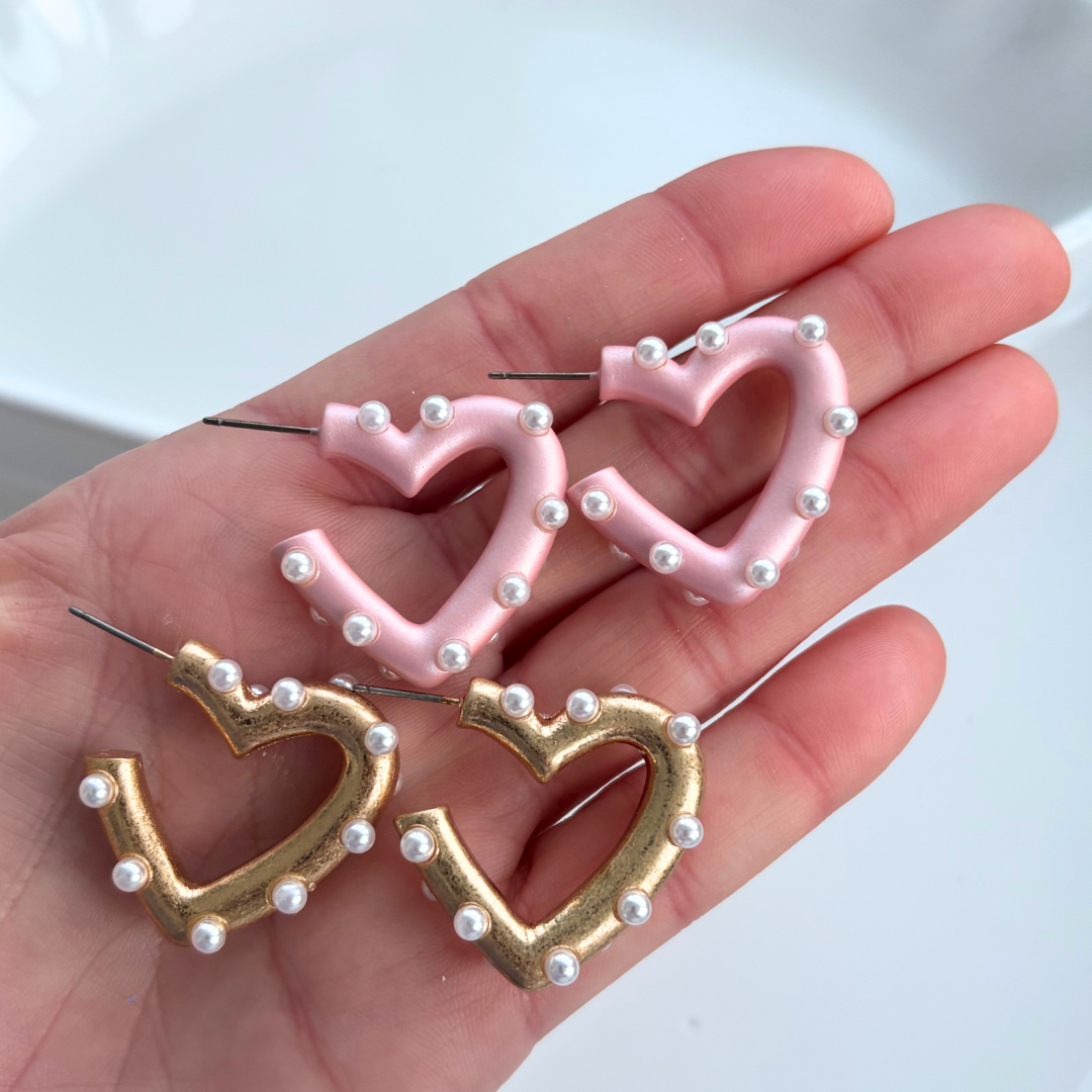 Lovely Gold Pearl Heart Hoop Earrings