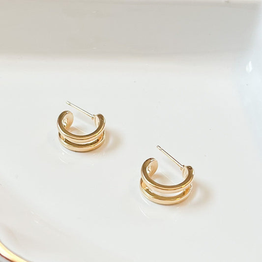 Double Sun Ray Gold Huggie Hoop Earrings
