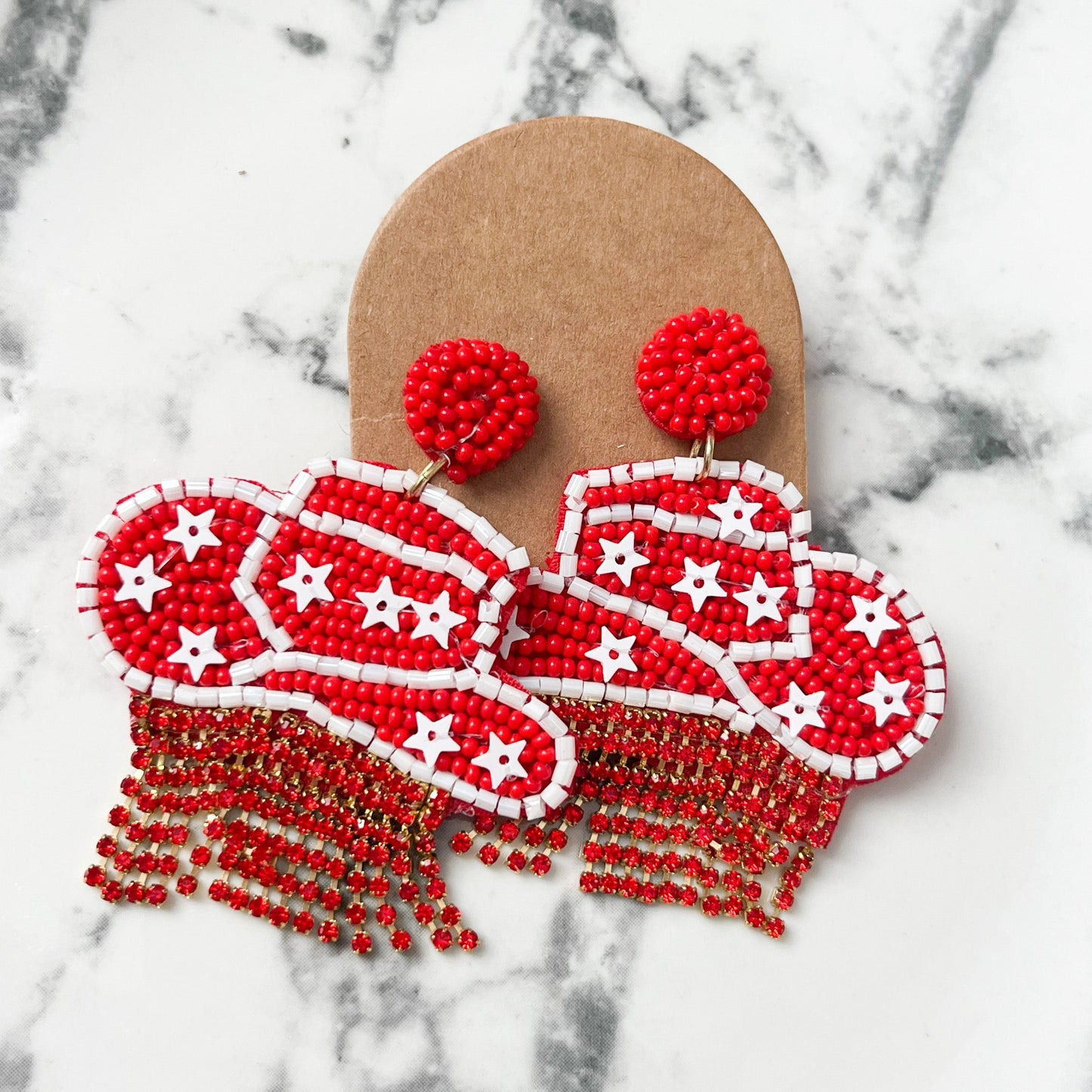 Red Rhinestone Cowgirl Hat Seed Bead Earrings