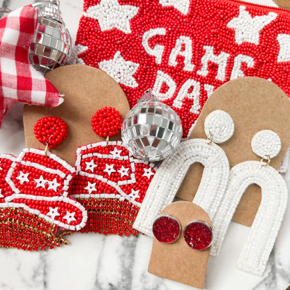 Red Rhinestone Cowgirl Hat Seed Bead Earrings