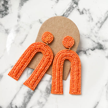 Orange Game Day Arch Seed Bead Statement Earrings