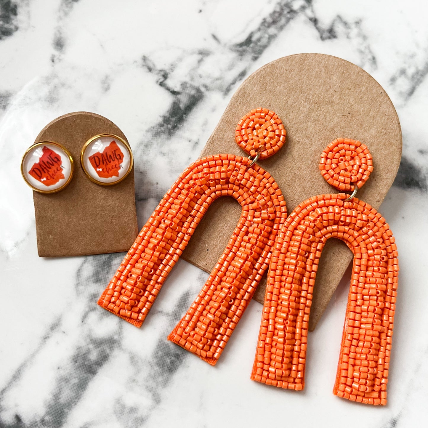 Orange Game Day Arch Seed Bead Statement Earrings