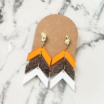 Orange, Brown, and White Game Day Chevron Earrings