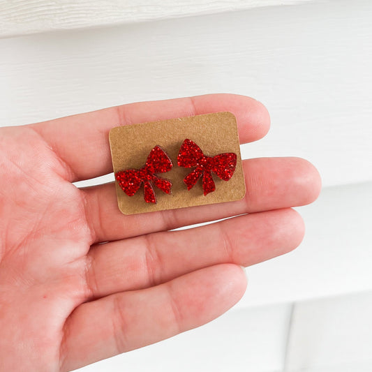 Red Glitter Bow Stud Earrings