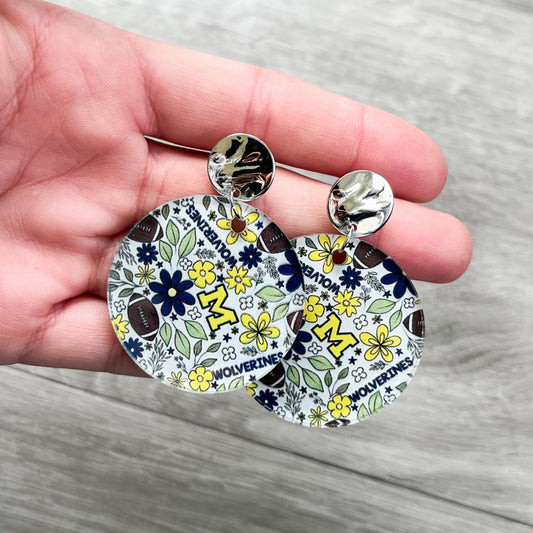 Maize and Blue Floral Football Earrings