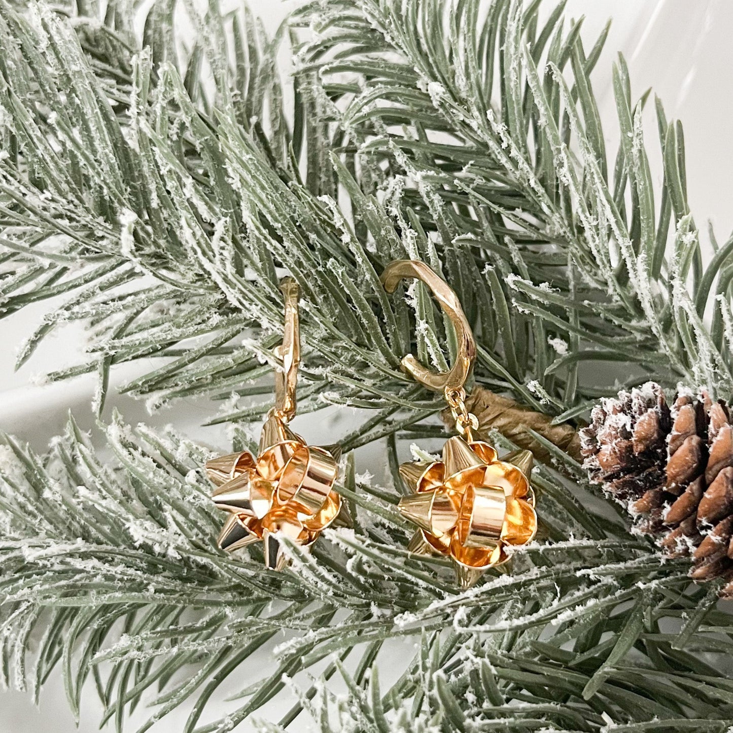 Gold Christmas Bow Huggie Drop Hoop Earrings