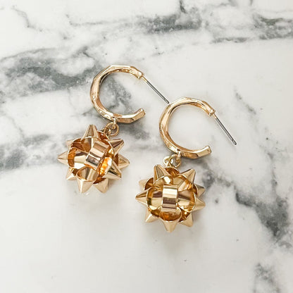 Gold Christmas Bow Huggie Drop Hoop Earrings