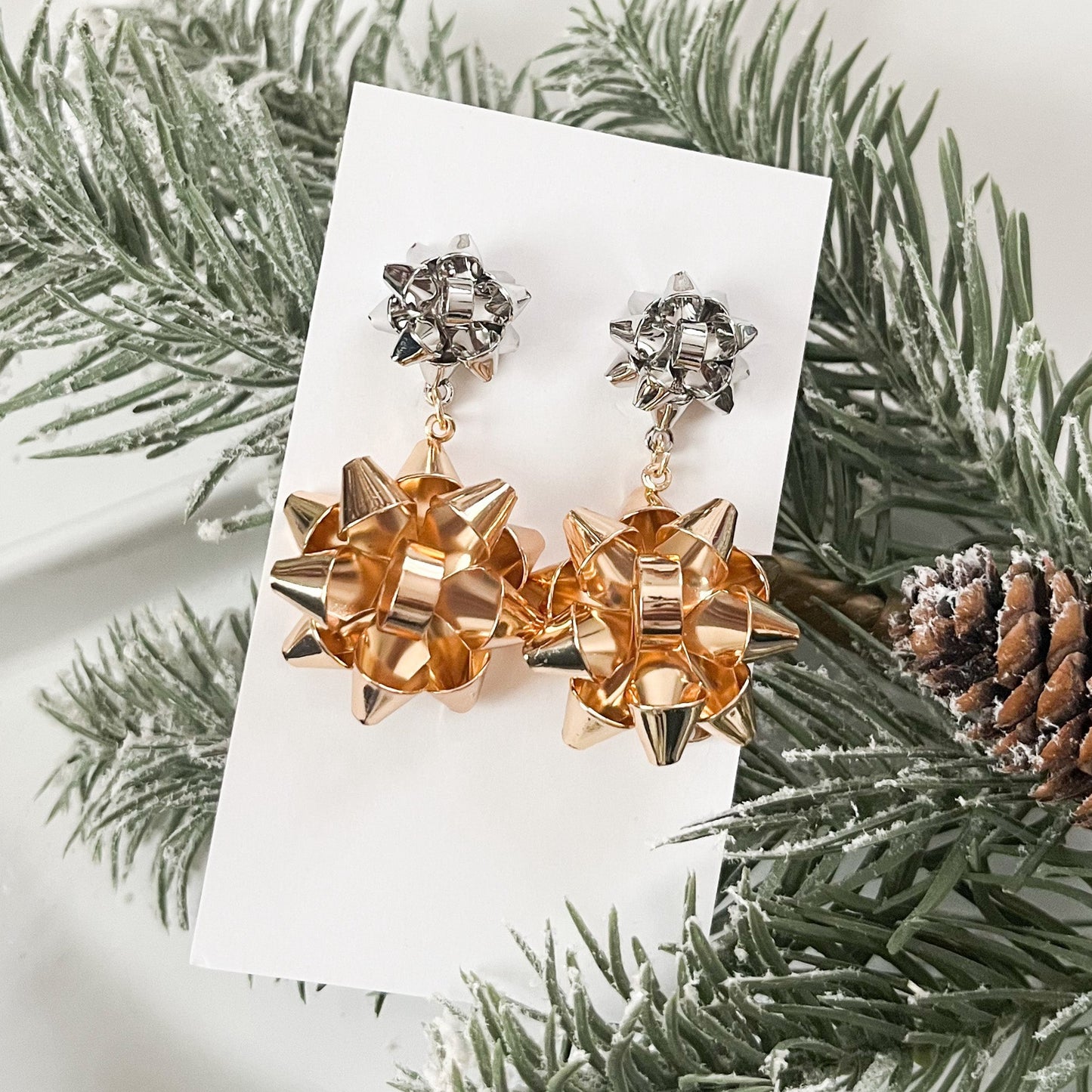 Silver and Gold Christmas Bow Drop Earrings