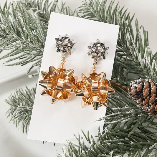 Silver and Gold Christmas Bow Drop Earrings