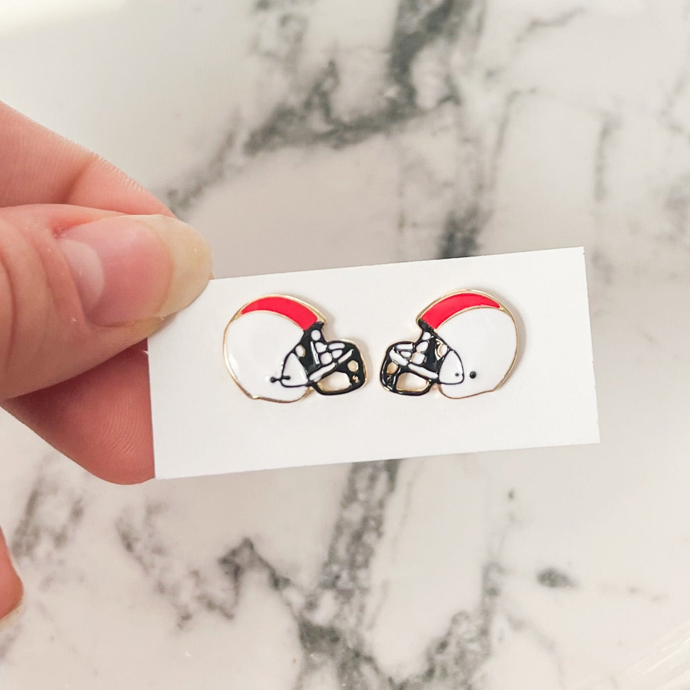 White with Red Stripe Football Helmet Stud Earrings