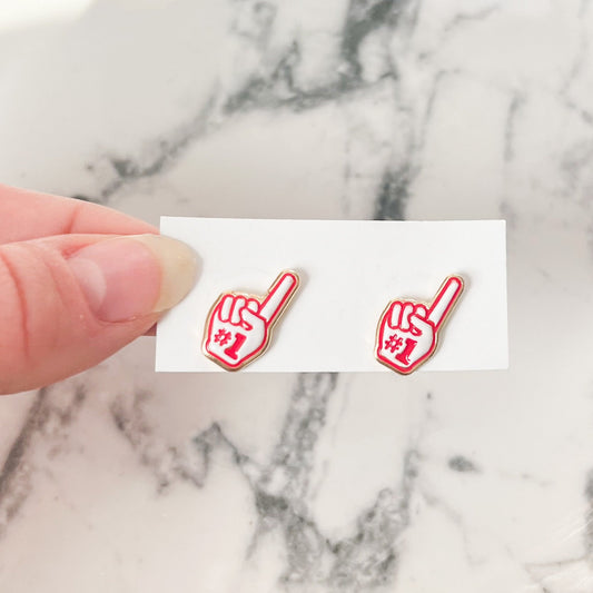 Red and White #1 Foam Finger Stud Earrings