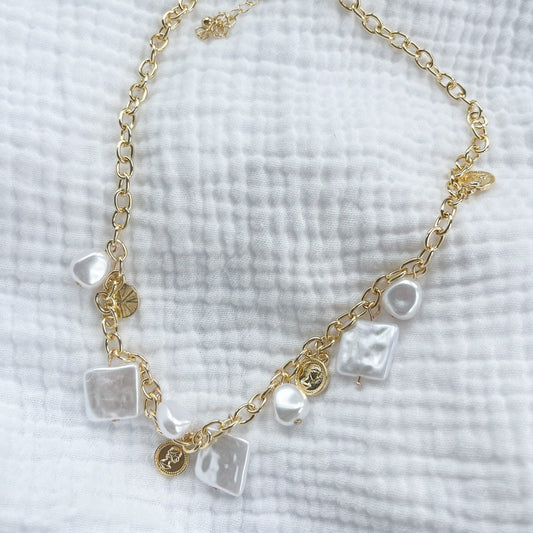 Cali Coast Gold and Pearl Charm Necklace