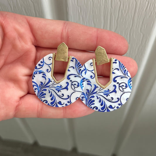 Sydney Shell Blue Floral Statement Earrings