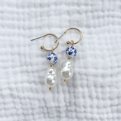 London Afternoon Blue and Pearl Drop Earrings