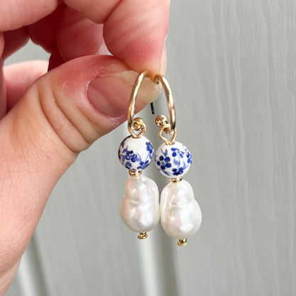 London Afternoon Blue and Pearl Drop Earrings