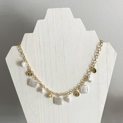 Cali Coast Gold and Pearl Charm Necklace