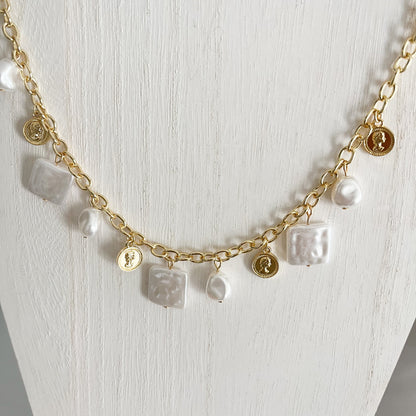 Cali Coast Gold and Pearl Charm Necklace