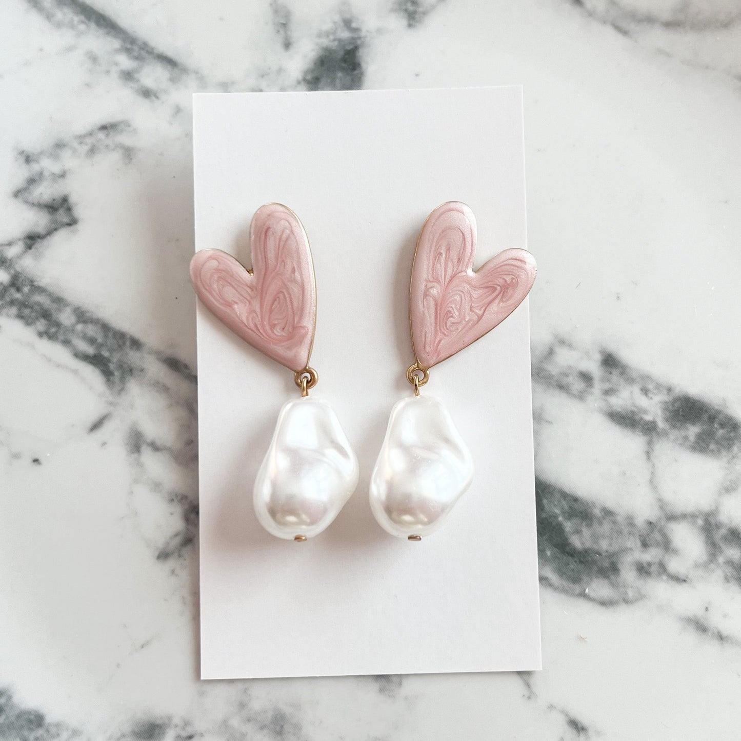 Pink Heart and Pearl Drop Earrings