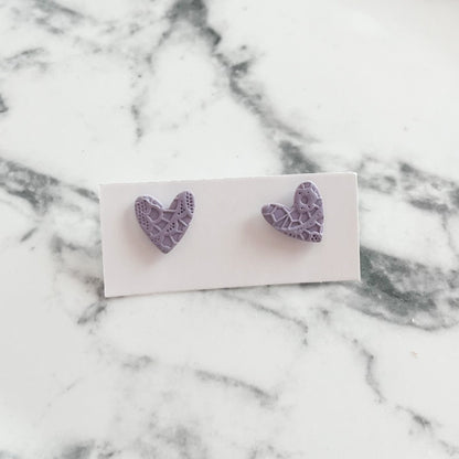 Purple Lace Heart Clay Stud Earrings