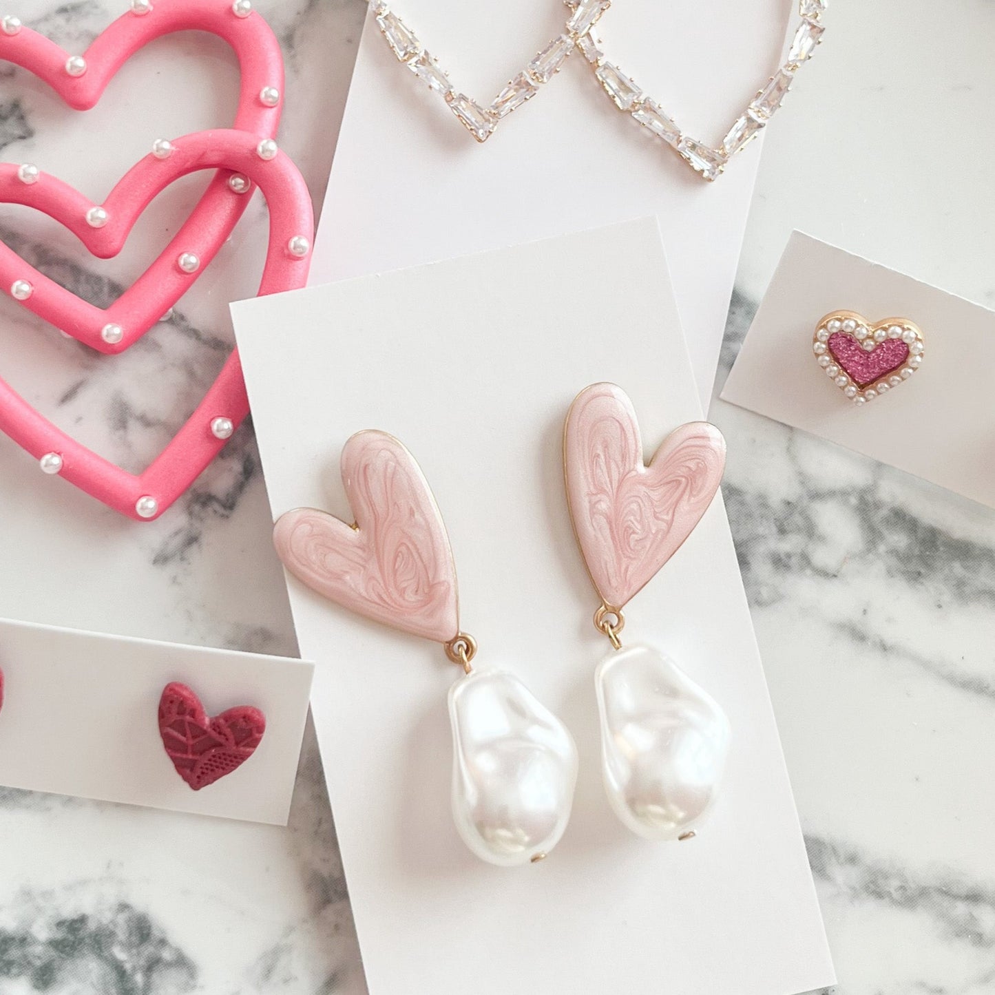 Pink Heart and Pearl Drop Earrings