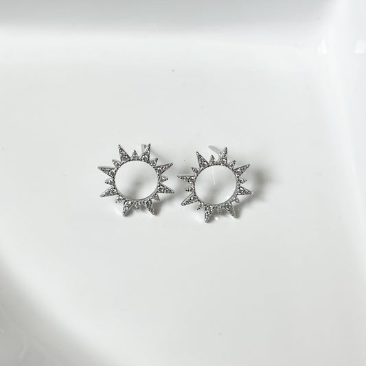 Silver Diamond Sun Stud Earrings