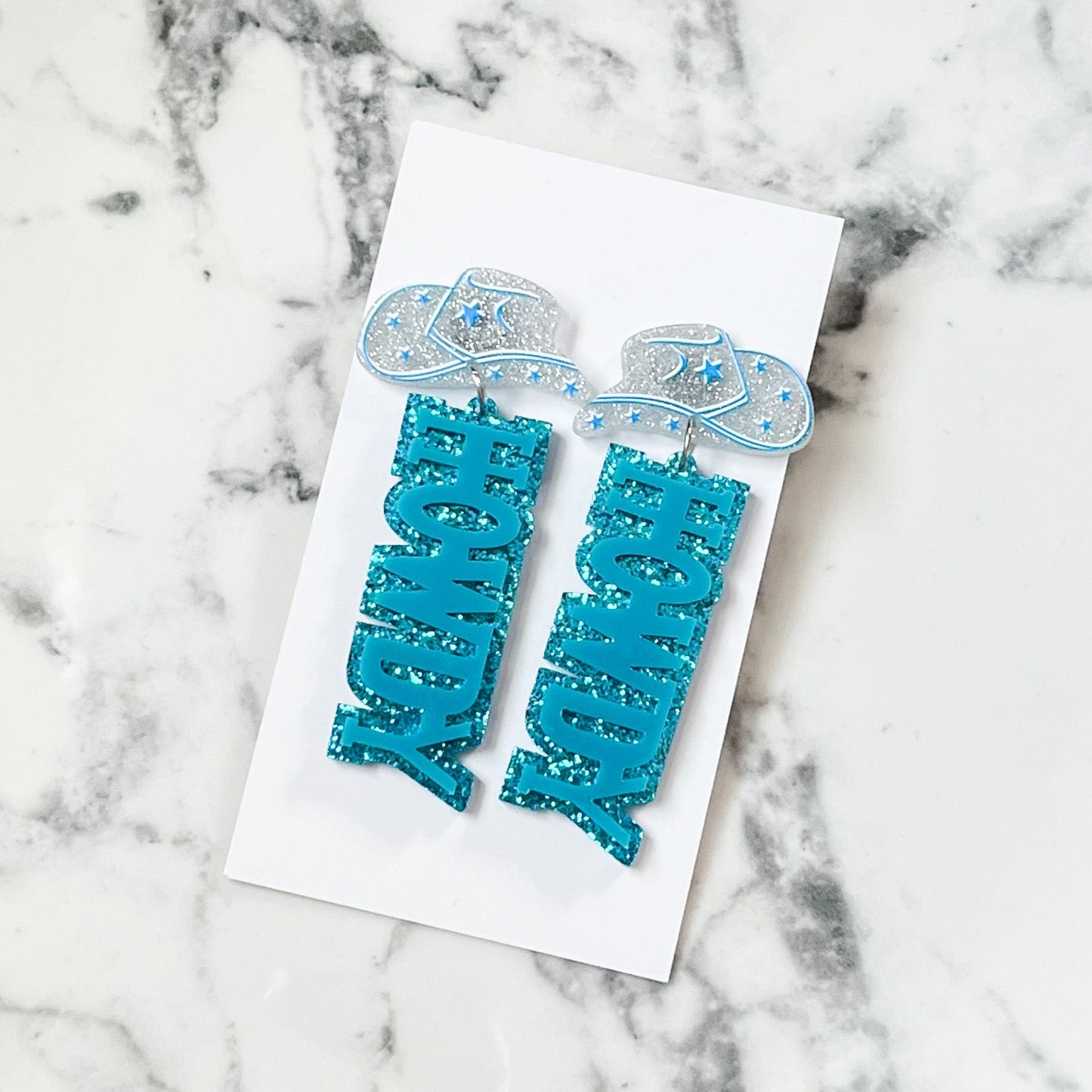 Howdy Cowgirl Blue Glitter Earrings