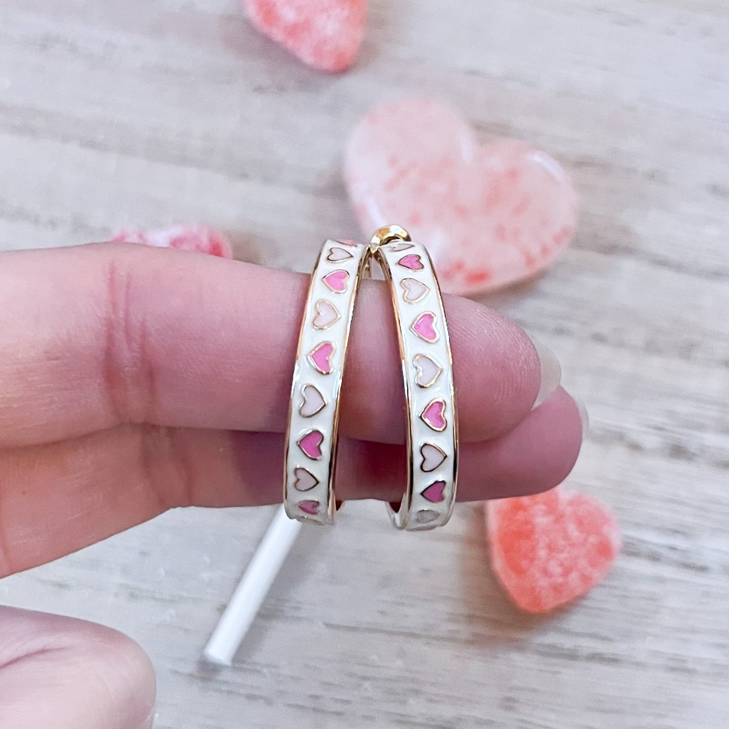 Pink and White Heart Hoop Earrings