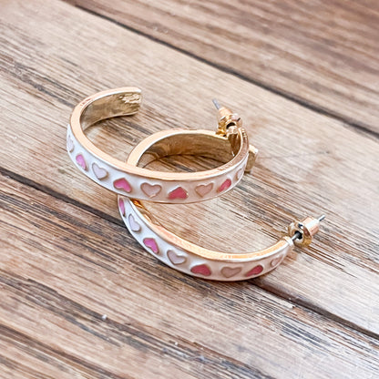 Pink and White Heart Hoop Earrings