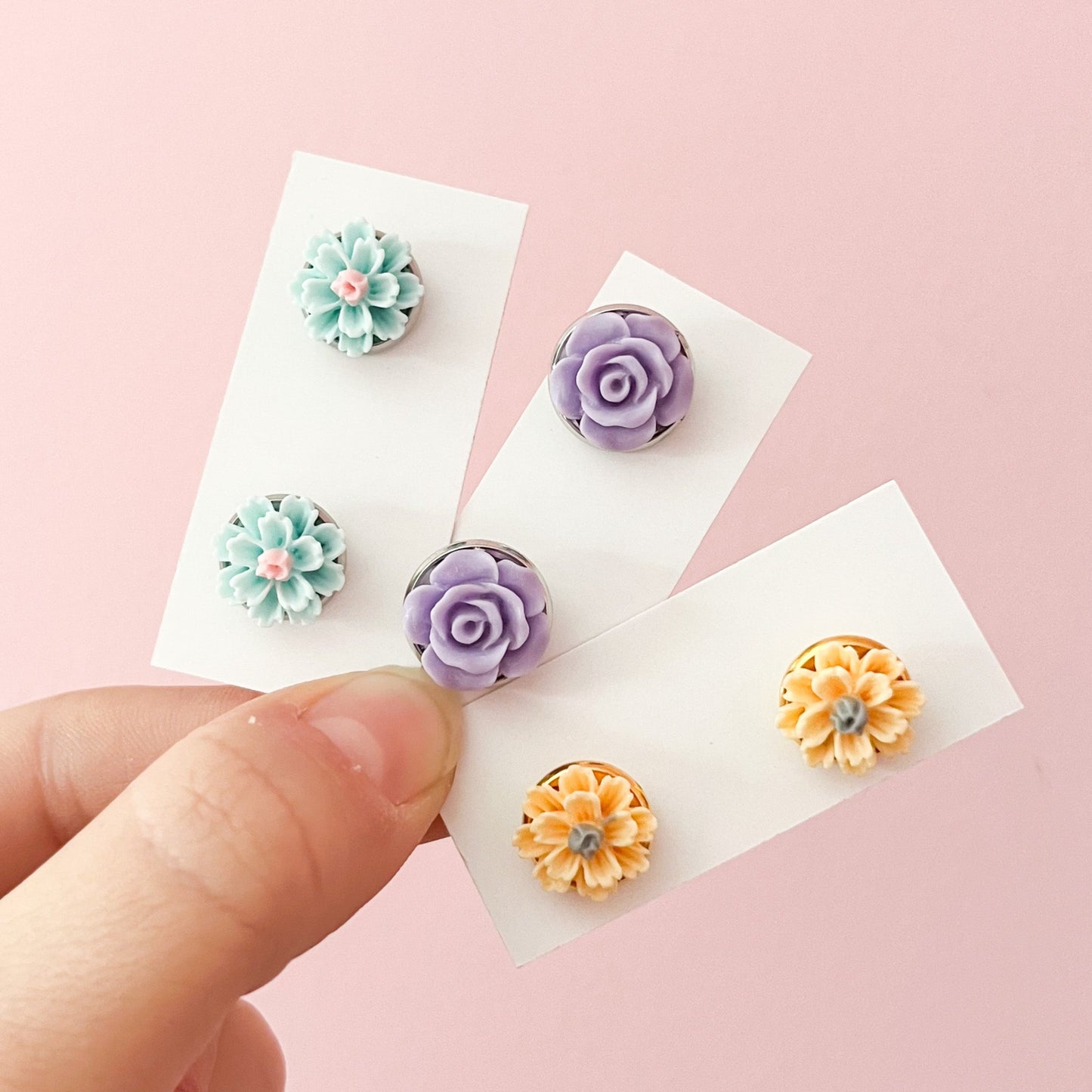 Teal Blue Spring Flower Stud Earrings