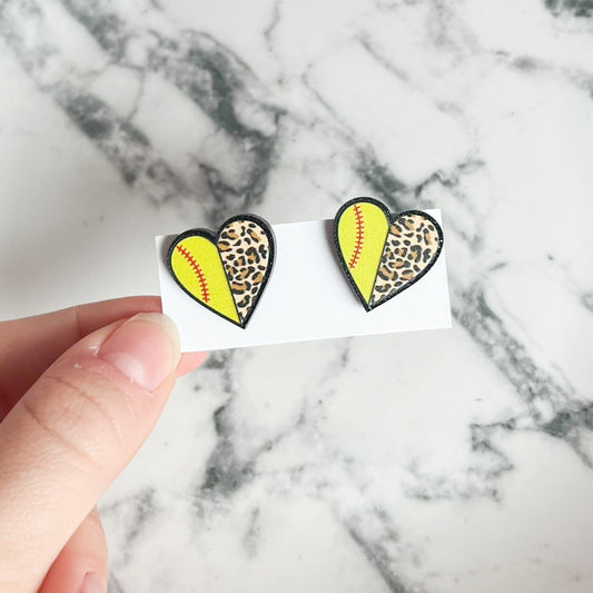 Leopard Softball Heart Statement Stud Earrings
