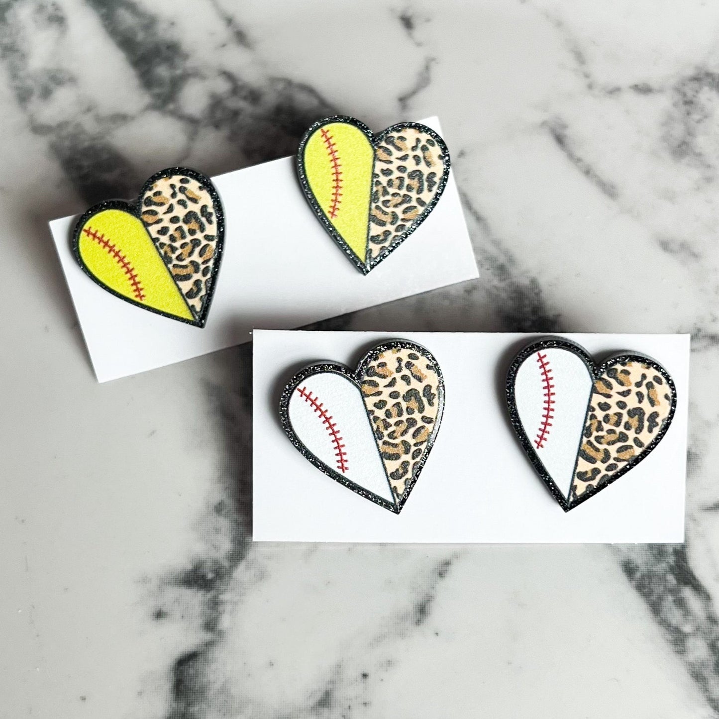 Leopard Softball Heart Statement Stud Earrings